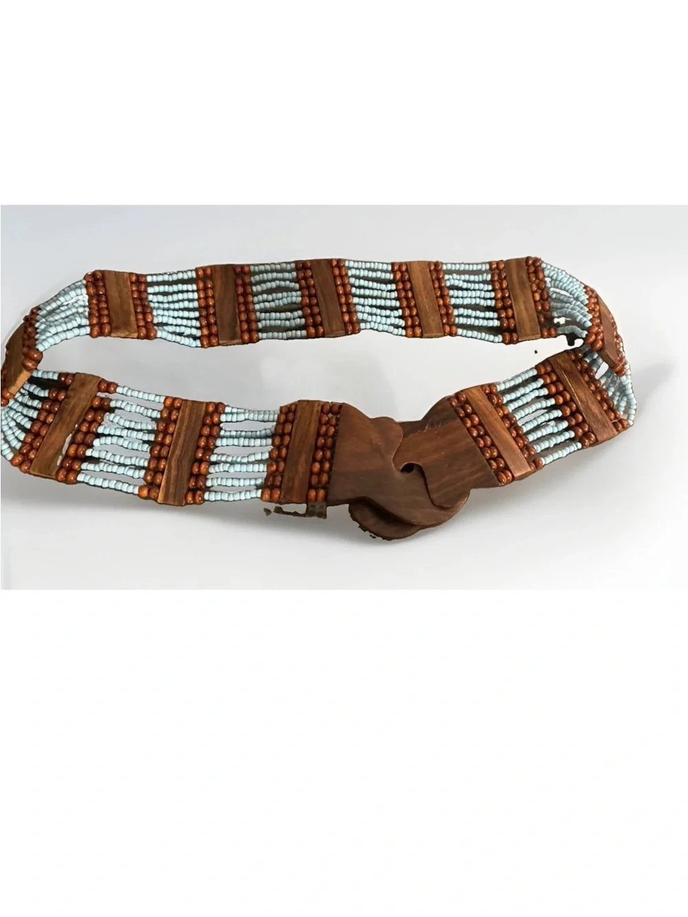 Beaded Wooden Waist Belt - Light Blue/Wood